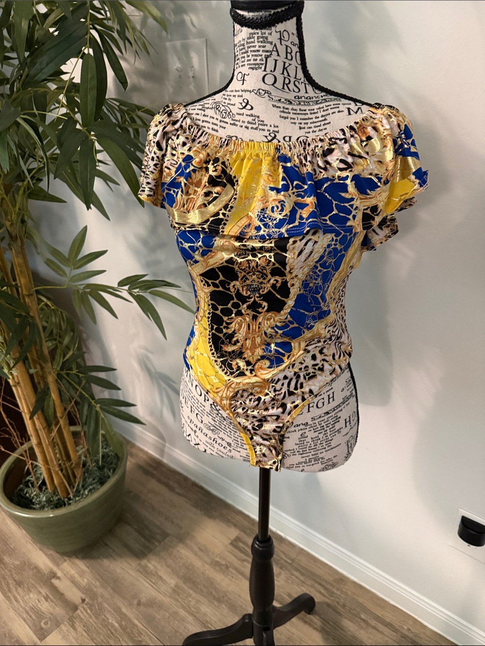 Polly & Esther Off-Shoulder Mixed Print Bodysuit in Blue and Yellow